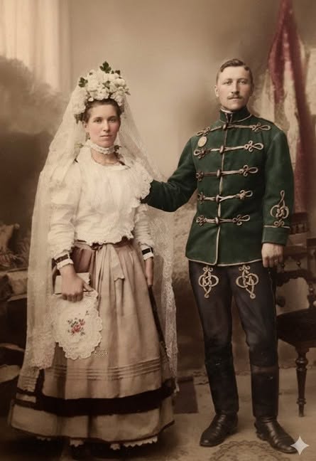 Macz János dédapám és dédanyám esküvőjükkor,I. világháború előtti monarchiás, közös huszárezredbeli huszár, jobboldalon egy ügyességi jelvénnyel
